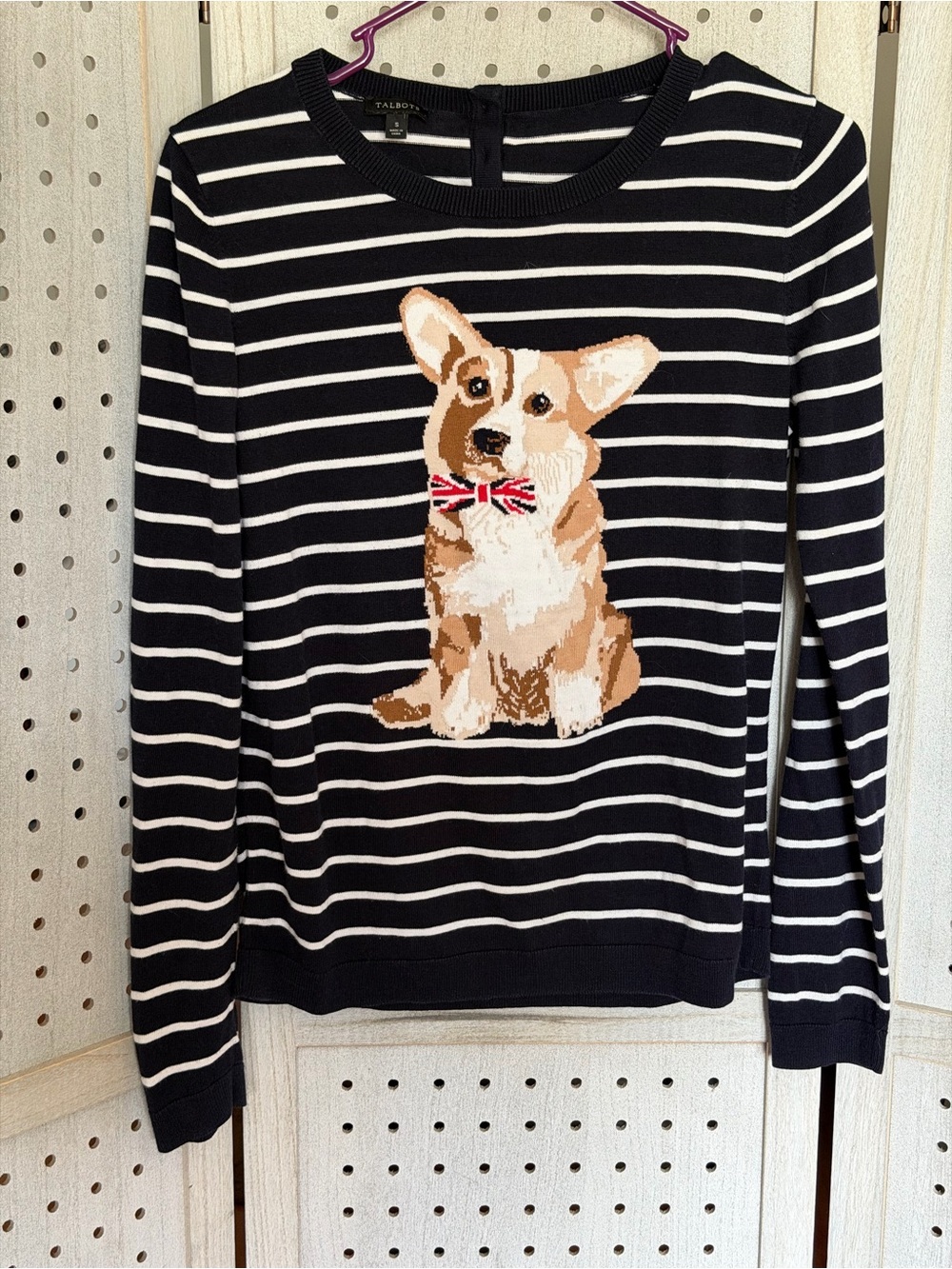 Talbots Navy & White Striped Sweater with Corgi Motif